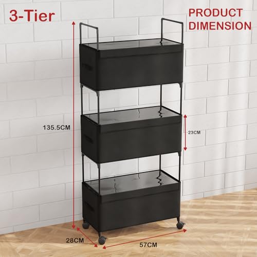 Image of Lukzer 3-Tier Clothes Organizer Basket with Wheels | Fabric Closet Storage Rack for Folded Clothes | Metal Rolling Wardrobe Shelf for Bedroom Closet & Laundry Room (Black /28x57x136 cm)