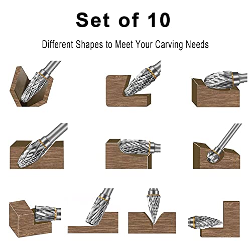 Homeidol Carbide Burr Set Die Grinder Bits Rotary Tool Bits 1/8" Shank 10 Pc Double Cut Wood Carving Accessories Cutting Burrs Metal Grinding Engraving Polishing Porting Trimming #TOP3