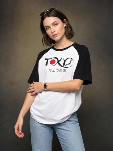 Image of JUNEBERRY Round Neck Drop Shoulder Round Neck Black & White Graphic Printed Pure Cotton Oversized Baggy Fit Half Sleeve T-Shirt for Women & Girls (Sizes: S to 2XL)
