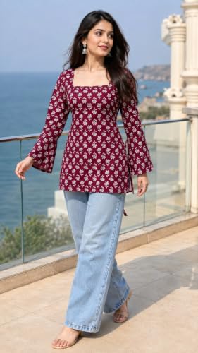 Image of Women's Floral Printed Cotton Kurti Summer Cotton Tunic Top for Girls