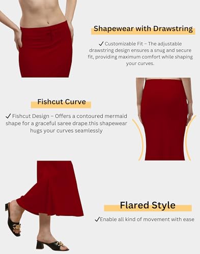 Image of Women's Polyester Blend Shapewear Patticoat Fishcut Flare Pattern Stretchable Drawstring Waist Maxi Length and Slim Fit Body Shaper Peticoat for Saree Daily Use Peticoat