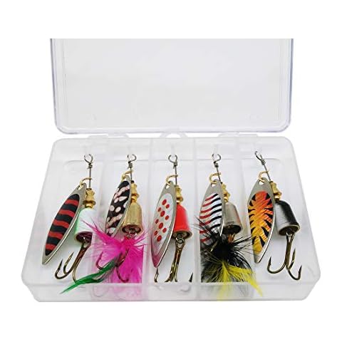 Enjoyfishing 5pcs Fishing Spinner Bait Lure with Tea Color Treble Hook for Bass Salmon Trout Metal Hard Lure Tackle Box Packed Cover