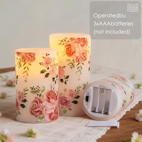 Image of LUSHARBOR Flameless Candles with Remote, Battery Operated Candles Real Wax Pink Rose Flickering LED Candles Floral Christmas Decor Electric Pillar Candles Set of 3