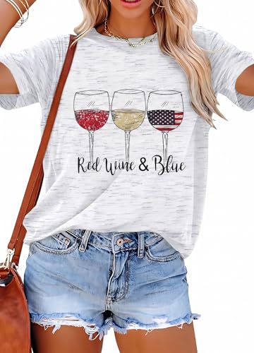 Patriotic Shirts for Women Red White and Blue Shirts American Flag Shirt 4th of July Tops Funny Wine Glass Graphic Tees