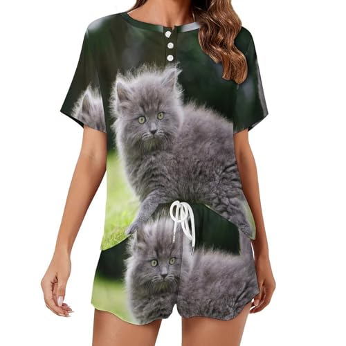 Ensemble pyjama femme chaton manches courtes sleepwear été