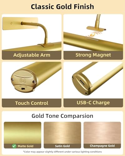 Image of EZVALO 16 inch Picture Lights for Wall, Rechargeable 6000mAh Painting Lights with Remote, Wireless Dimmable 3 Color Temperatures Art Lights for Gallery, Living Room, Hallway (Gold, 3 Pack)