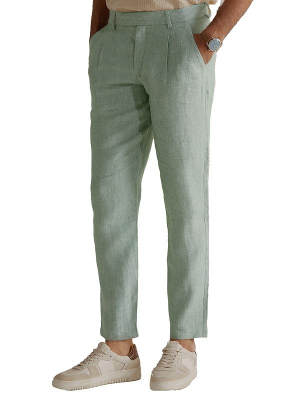 andamen Men Mid-Rise Linen Ultra Easy Wash Trousers Green-picture-51