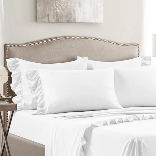 Image of Lush Decor Reyna Ruffle Sheet Set 4 Piece Set Twin, White - Twin Sheets White - Kids Bed Sheets - Twin Size Bed Sheet Set - Coquette Bedroom Decor