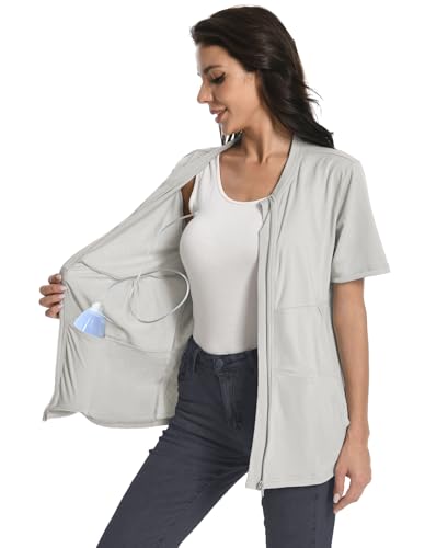 Mastectomy Shirt with Drain Pockets Breast Mastectomy Recovery Supplies Nephrostomy Drain Bag Tummy Tuck Must Haves Clothing Comfy Post OP Camisoles After Mastectomy Short Sleeve Shirts Light Grey