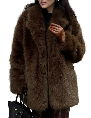 COZYPOIN Womens Faux Fur Coats Warm Mid Long Furry Jackets Long Sleeve Lapel Winter Fluffy Outerwear Shaggy Parka Coat(Brown-S)