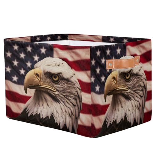 Image of Retro American Flag Patriotic Storage Baskets for Organizing, Fabric Collapsible Storage Bins Box Bald Eagle Decorative Toy Organizer Baskets for Closet Shelves Gift Basket 1 Pc