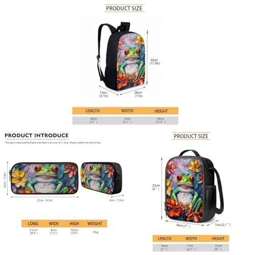 PinUp Angel Red Eye Tree Frog Print Cute Kids School Backpack with Lunch Bag and Pencil Bag, Elementary Middle Bookbag Teenager Oil Painting Artistic Animal Patterned School Bag3