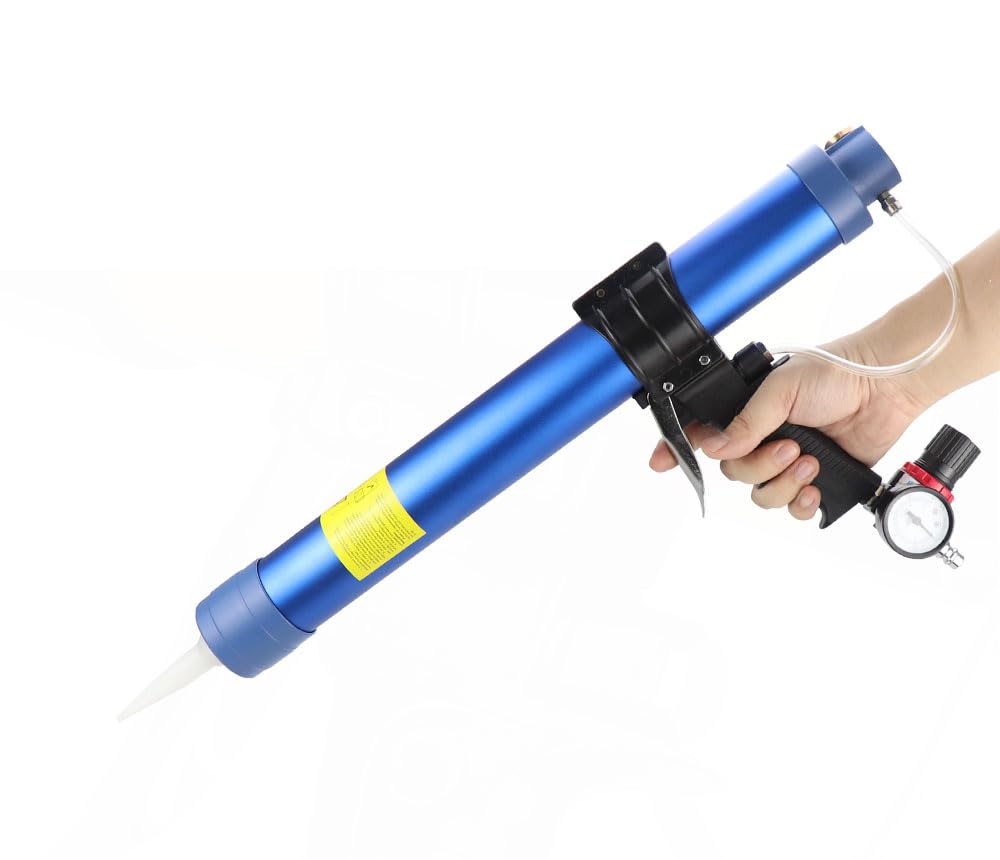 Pistolet à calfeutrer pneumatique pour saucisses 600 ml - Pistolet à mastic en silicone - Pistolet à air et caoutchouc - Outil d'application avec 10 buses de colle transparentes