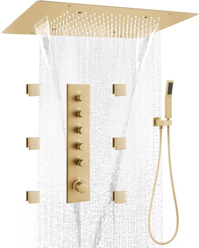 Sistema de ducha tipo cascada en dorado cepillado 3 en 1 con función múltiple, cabezal de ducha de lluvia 16 x 24 pulgadas, grifería termostática de 5 vías con válvula y ducha de mano con 6 jets para todo el cuerpo miniatura 1