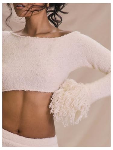 MakeMeChic Women's Boat Neck Long Sleeve Sweater Fringe Slim Fitted Y2K Knitted Crop Tops4