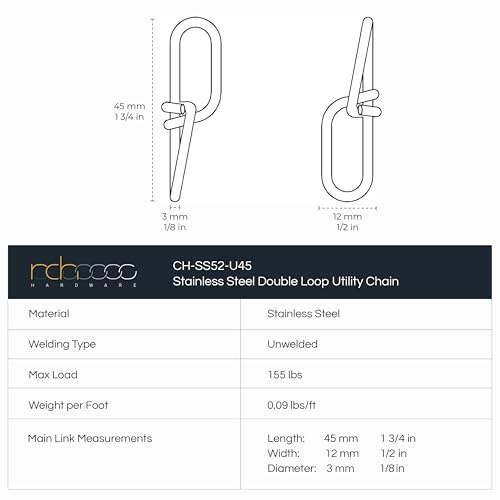 Image of RCH Hardware CH-SS52-01-BLK-10 | 10 Gauge Decorative Solid Stainless Steel Double Loop Outdoor Fixture Chain | 10 Foot Increments |Black Finish