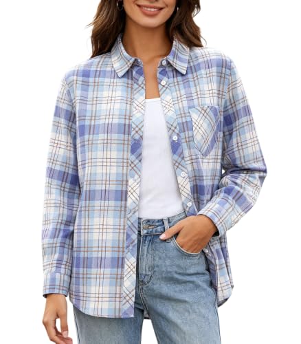 Image of SANGTREE Women and Girls Long Sleeve Flannel Casual Button Down Plaid Shirt