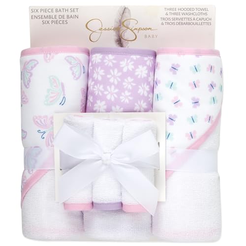 Image of Jessica Simpson Baby 6-Piece Hooded Towel & Washcloth Set - Soft Polyester Baby Bath Towels - Pink & Green Floral Design (Purple Floral Butterflies)