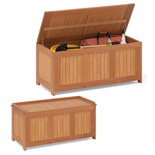 RELAX4LIFE Gartenbox Holz 220L Auflagenbox mit Deckel bis 150 kg Aufbewahrungsbox mit Stauraum Sitzbank Kissenbox Outdoor Massivholz Auflagentruhe Holztruhe für Garten Balkon Terrasse Teakfarbe