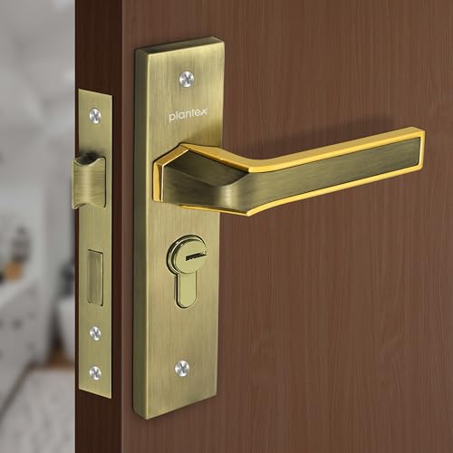 Plantex Heavy-Duty Door Lock Set - Main Door Lock Handle Set/Mortise Lock with 3 Keys, Brass Lock Body & Cylinder (8126 - Brass Antique & PVD Gold)