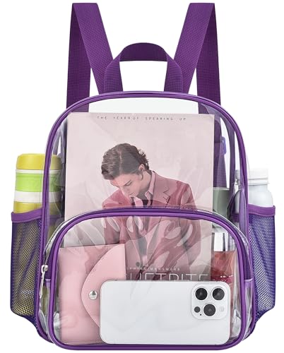Image of Busiuw Clear Backpack for Stadium Events Clear Backpack 12x12x6 with Front Pocket for Concert Sport Events Work Travel (Purple)