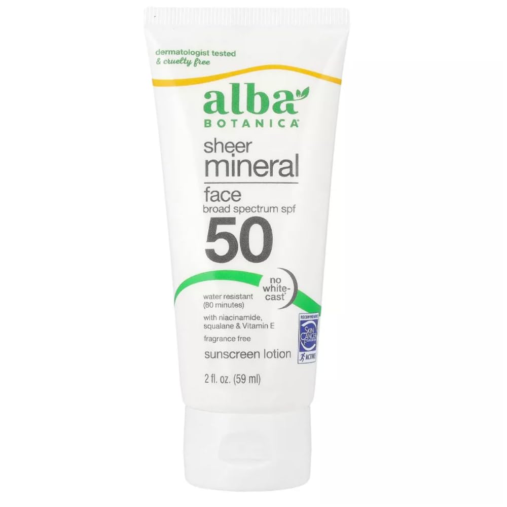 Sunscreen for Face, Fragrance-Free Sheer Mineral Face Sunscreen Lotion, Broad Spectrum SPF 50, Water Resistant and Biodegradable, 2 fl. oz. Bottle Cruelty Free Dermatologist Tested