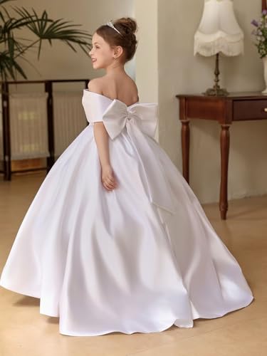 JISISANG Off Shoulder Flower Girl Satin Dresses for Wedding Girls Princess Pageant First Communion Formal Dresses3