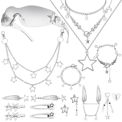 Y2k Accessories Set Included Star Y2k Silver Necklace Grunge Layered Necklace Y2K Sunglasses Star Hair Clip Y2k Silver Hair Clips Keychain Hip Hop Pants Chain Vintage Jewelry Set for Women