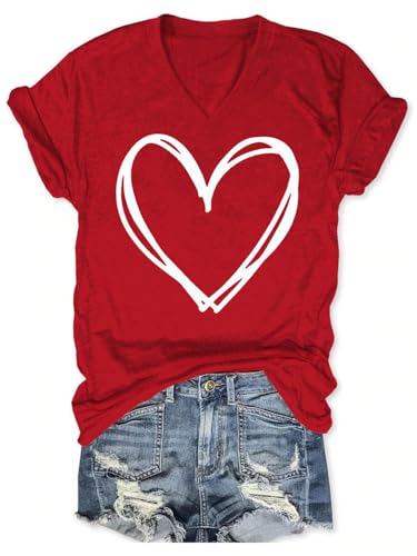 Vircreate Womens Short Sleeve V Neck Christmas T-Shirts Merry Christmas Tree Graphic Tee Tops (XXL,VAV1 Red)