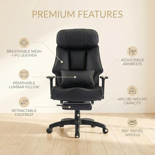 Image of EXCEBET Big and Tall Office Chair 500lbs - 22.4 inch Extra Wide Seat Ergonomic Executive Chair, Heavy Duty High Back Leather Office Chair with Footrest, Lumbar Support & Adjustable Arm (All Black)