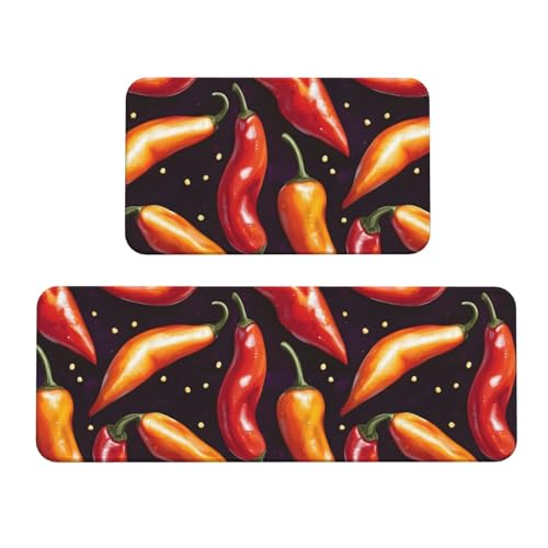 GVYGVY Antifatigue Kitchen Mats for Floor 2 Piece - Realistic Chili Bright Print Kitchen Rugs Washable, Non Slip Runner Rug Standing Mat for Office/Bathroom/Laundry/Home Decor and Accessories