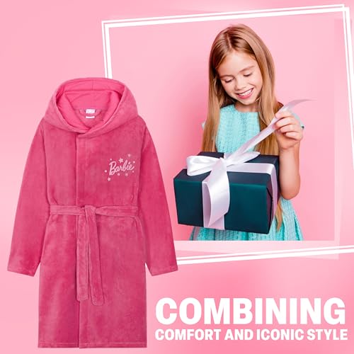 Barbie Girls Dressing Gown with Hood & Pockets, Fluffy Robe - Gifts for Girls3