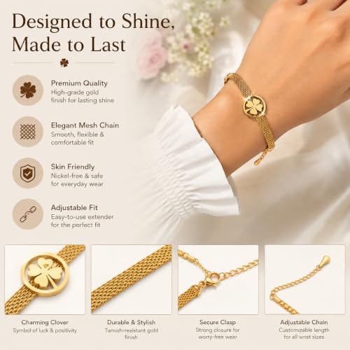 Image of Gold Tone Four Leaf Clover Charm Bracelet for Women | Adjustable Mesh Chain Wrist Bracelet | Bracelet for Girls & Women | Lucky Clover Design Jewelry Gift