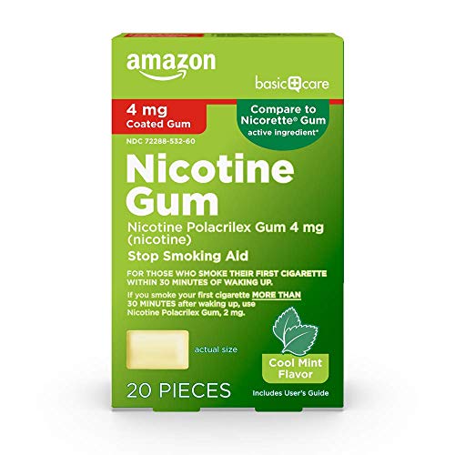Amazon Basic Care Nicotine Polacrilex Coated Gum, 4 mg (Nicotine), Cool Mint Flavor, Stop Smoking Aid, 20 Count