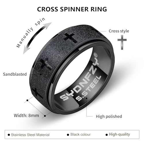 Anxiety Spinner Ring for Men - Stainless Steel Fidget Spinner Ring, Band Cross Thumb Roating Rings for Stress Relief 8mm Anxiety Relieve Fidget Toys for Adults Ring Size 6 7 8 9 10 112
