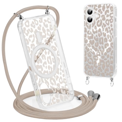 Coalbooliy Handykette Handyhülle für iPhone 16 Hülle 6 1 mit Band Cover Kompatibel mit Magsafe Transparent Aesthetic Leopard Muster Cover mit Kordel zum umhängen Case Kameraschutz Stoßfest 01