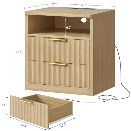 Image of TEENFON Fluted Night Stand, Nighstand with Charging Station and LED Light, Modern Bed Side Table for Small Space, Storage Drawer and Open Shelf, for Bedroom, Natural