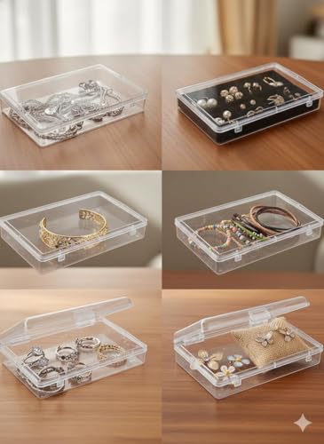 Image of Clear Plastic Storage Containers with Lock Lid Set of 6 (14x9x2.5cm) Rectangular Transparent Small Organizer Boxes for Jewellery Earrings Rings Beads Sewing Craft Portable Box for Home Office Travel