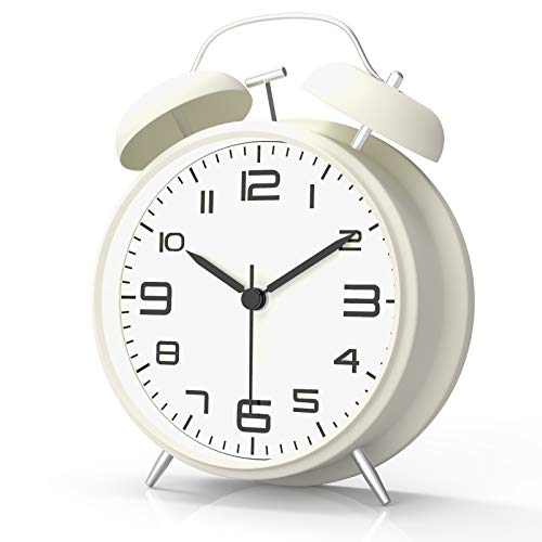 CHKOSDA Loud Alarm Clock, Vintage Alarm Clock, Twin Bell Alarm Clock for Heavy Sleeper, Silent and no-Ticking, 4 inches 3D Dial with Backlight, Battery Alarm Clock(White)