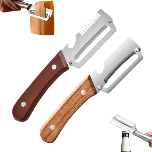3-in-1 Multifunktionaler Gemüseschäler Zero Snag Holzschäler mit Holzgriff Edelstah Schäler mit Flaschenöffner Sparschäler-Universalschäler Edelstahl für Obst Gemüse & Fleischscheiben