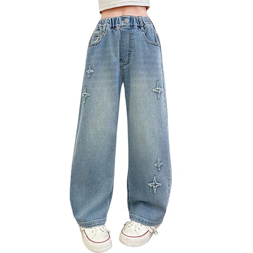 Girls Wide Leg Jeans Star Applique Straight Elastic Waist Baggy Pants 2025 Trendy Y2K Streetwear Teen Clothes
