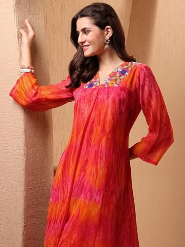 Image of EthnicJunction Women Georgette Relaxed Fit Tie & Dye & Embroidered A-Line Flared Kurta,Summer Kurta,Kurta For Office,Long Kurti