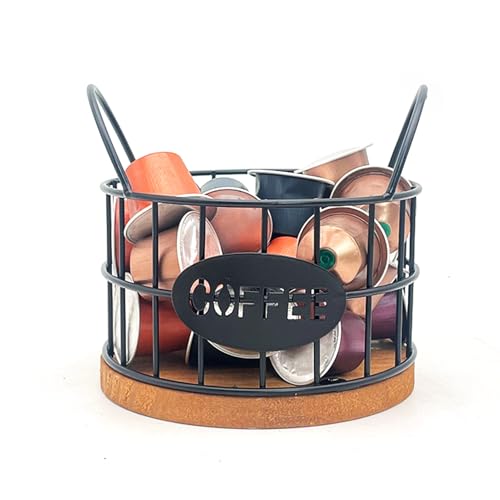 Coffee Pod Holder Organizer, Coffee Storage Container Round Iron Wire Pod Storage Basket with Wooden Base for Kitchen Counter and Office Desktop