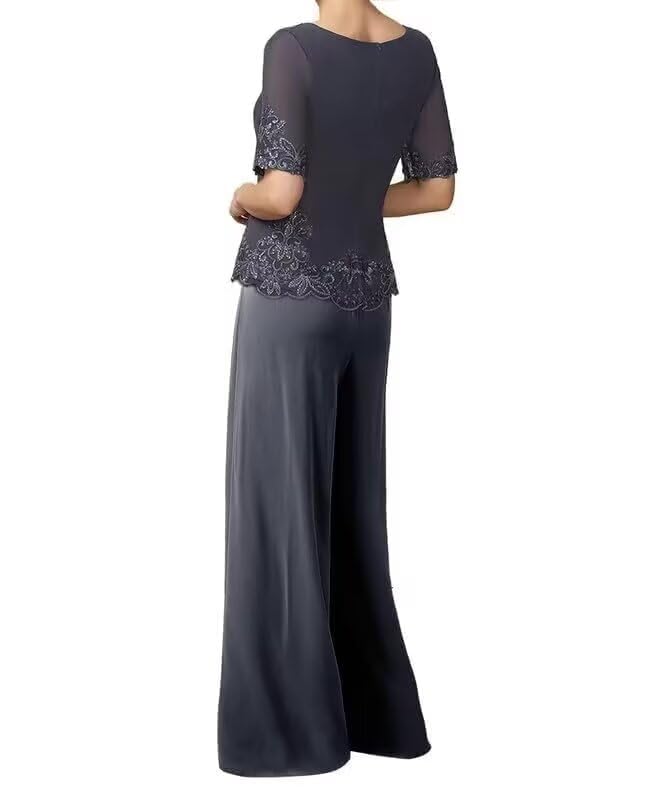 2 Pieces Mother of The Bride Pant Suits Lace Appliques Chiffon Short Sleeve Formal Evening Party Gowns for Women2