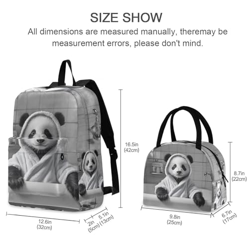 Backpack Lunch Box Set Large Capacity Travel Backpacks and Insulated Lunch Bag for Commute Hiking Picnic Panda in Bathtub Print2