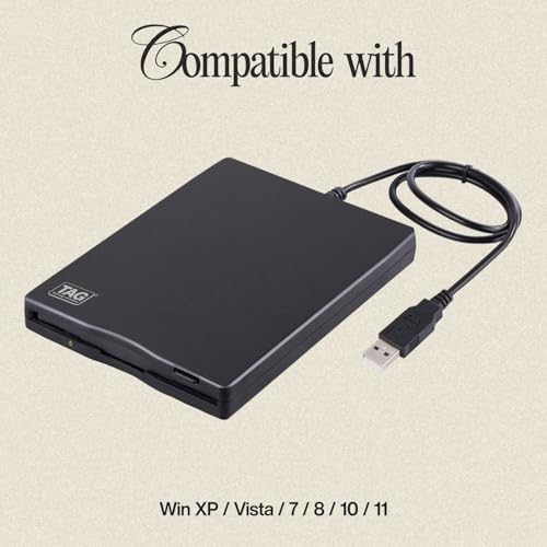 Image of TAG Floppy Disk Reader Drive, 3.5 Inch USB External Floppy Disk Drive 3 1 /2 Floppy Disc Reader for Mac Windows PC Laptop Desktop, Plug and Play, Black