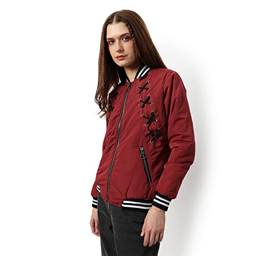 Image of Campus Sutra Women Red Puffer Regular Fit Bomber Jacket For Winter Wear | Low-Cut Standing Collar | Full Sleeve | Zipper | Casual Jacket For Woman & Girl | Western Stylish Jacket For Women