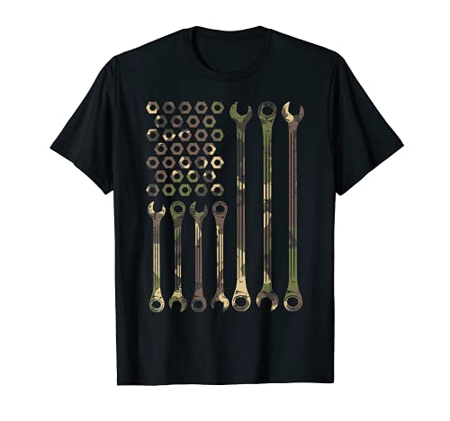 Camo flag wrench vintage fathers day patriotic mechanic men camiseta