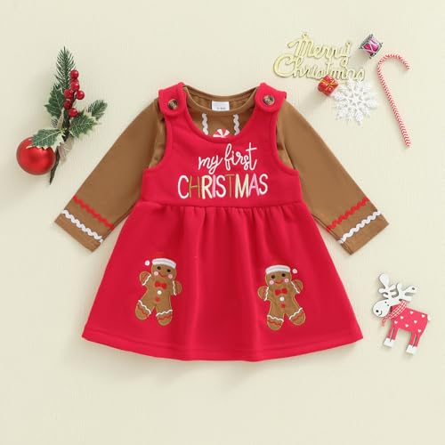My First Christmas Baby Girl Outfit Newborn Gingerbread Man Romper Overalls Dress Cute Xmas Fall Winter 2Pcs Outfits4