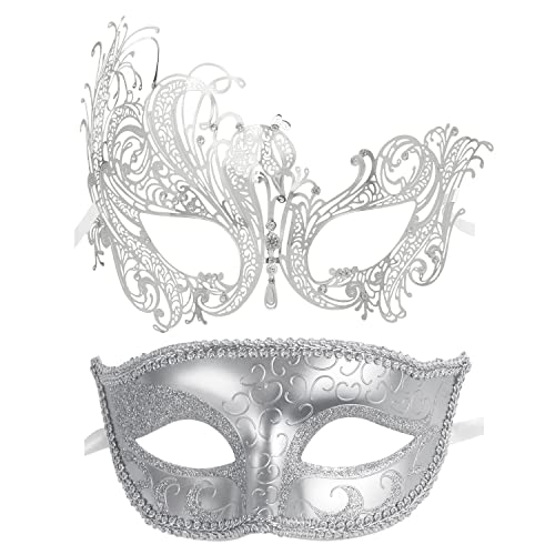 Coddsmz Couple Masquerade Mask Metal Masks Venetian Party Mask Halloween Costume Mask Mardi Gras Mask Party Evening Bar Prom Ball Mask Set for Women and Men Costumes Accessory (Silver+Silver)
